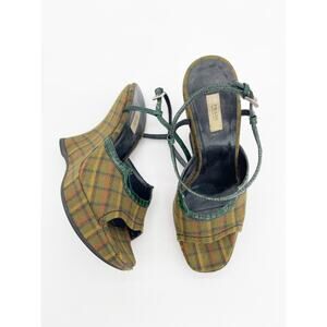 Prada Fall 2004 Runway Green Plaid Croc Trim Sculptural Wedge Sandals IT 35.5